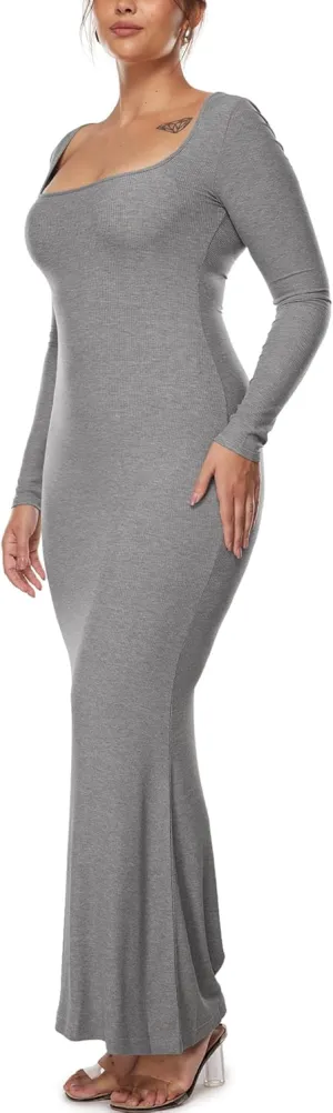 INLYRIC Women's Long Sleeve Bodycon Maxi Dress Square Neck Lounge Slip Ribbed Tight Long Dresses