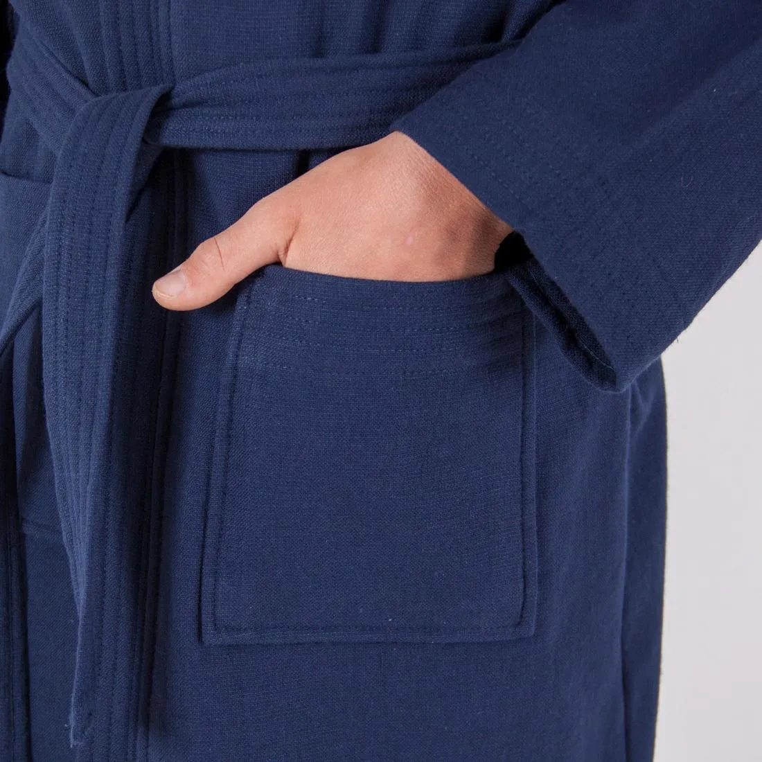 Junior lightweight cotton bathrobe with hood and belt - Dark Blue
