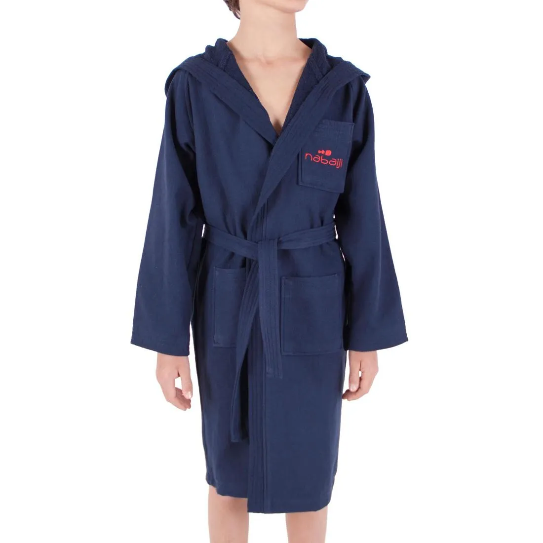 Junior lightweight cotton bathrobe with hood and belt - Dark Blue