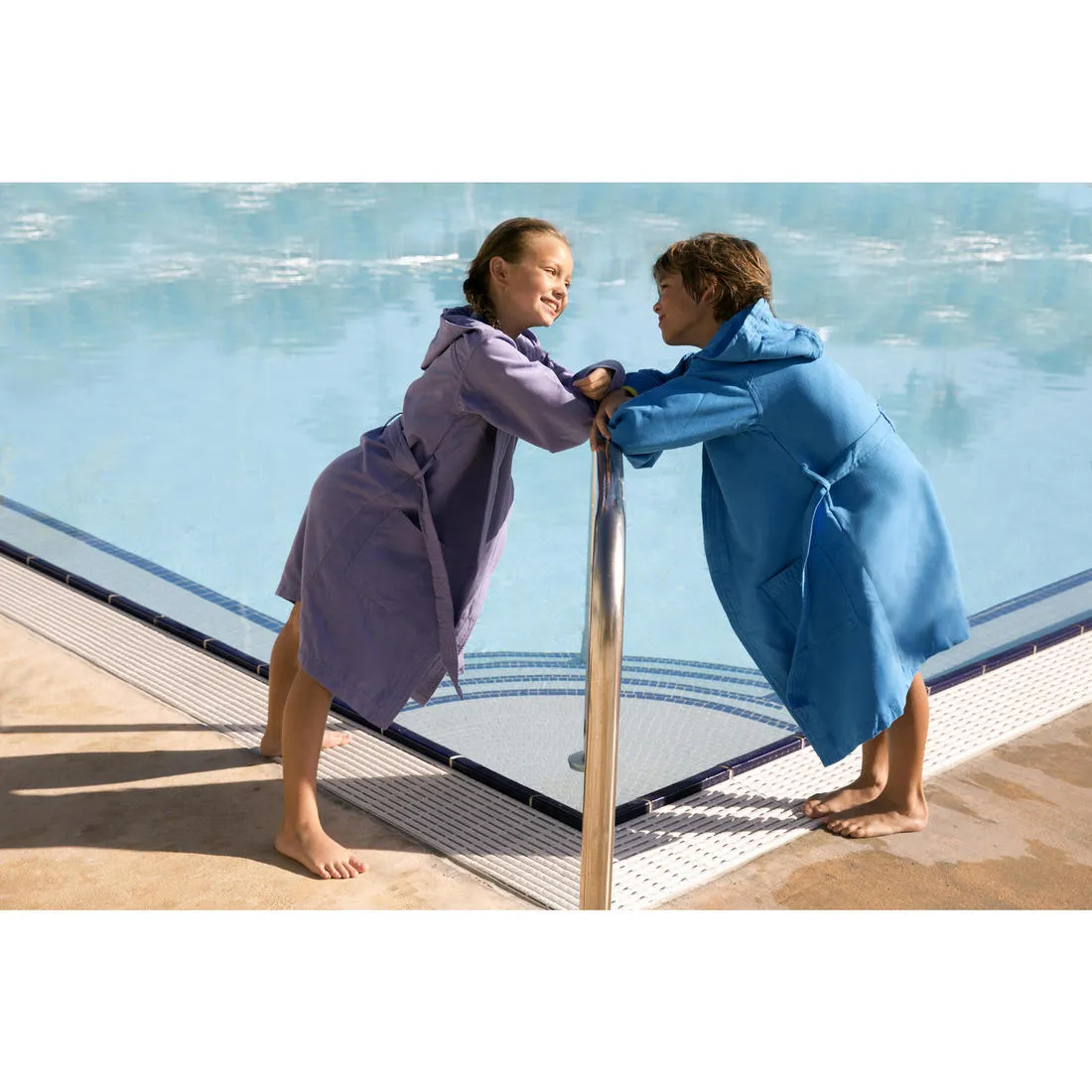 Junior lightweight cotton bathrobe with hood and belt - Dark Blue