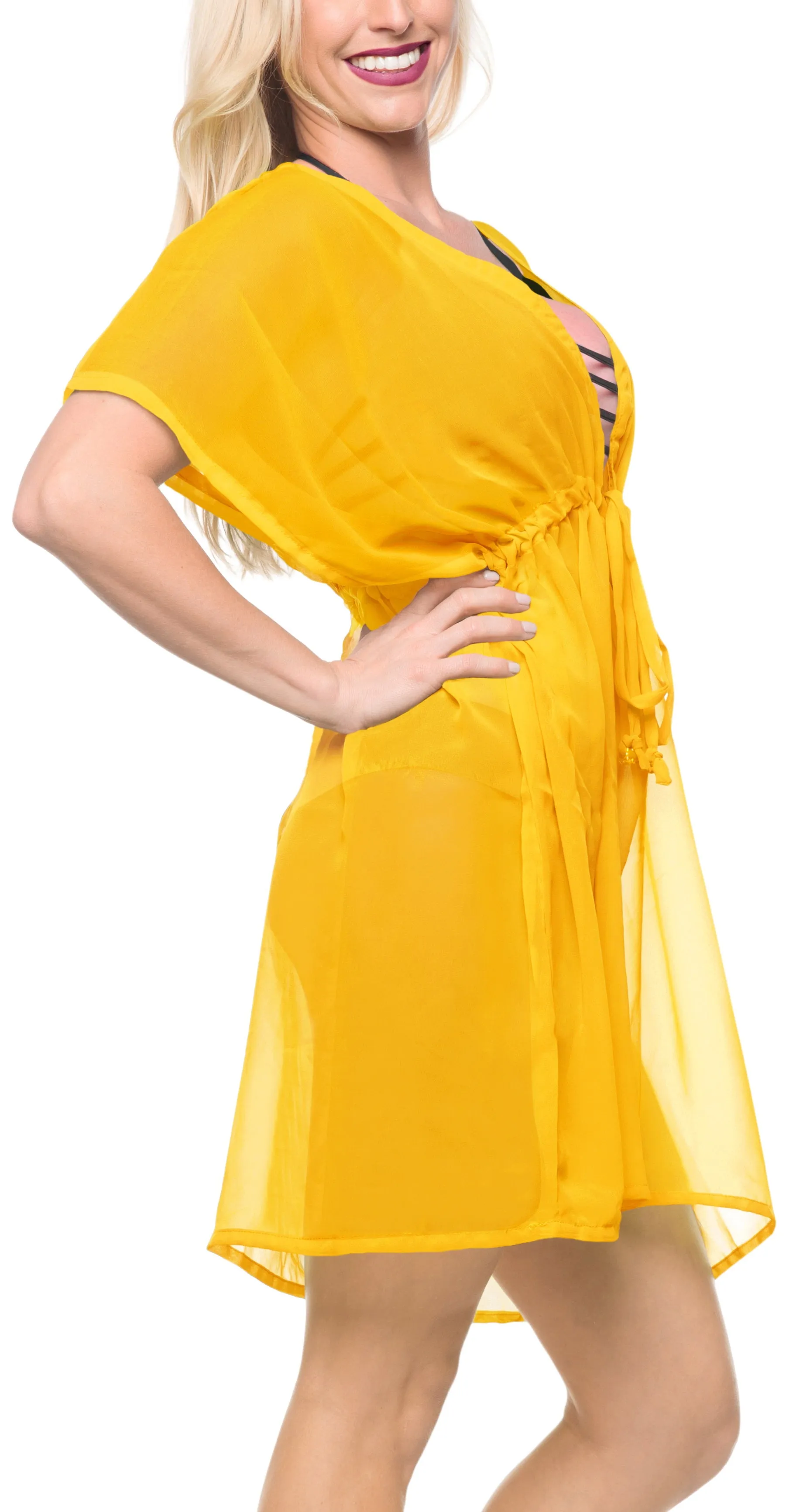 LA LEELA Bikni Swimwear Chiffon Solid Cover Up Blouse Women OSFM 14-24 [L-3X] Yellow_856