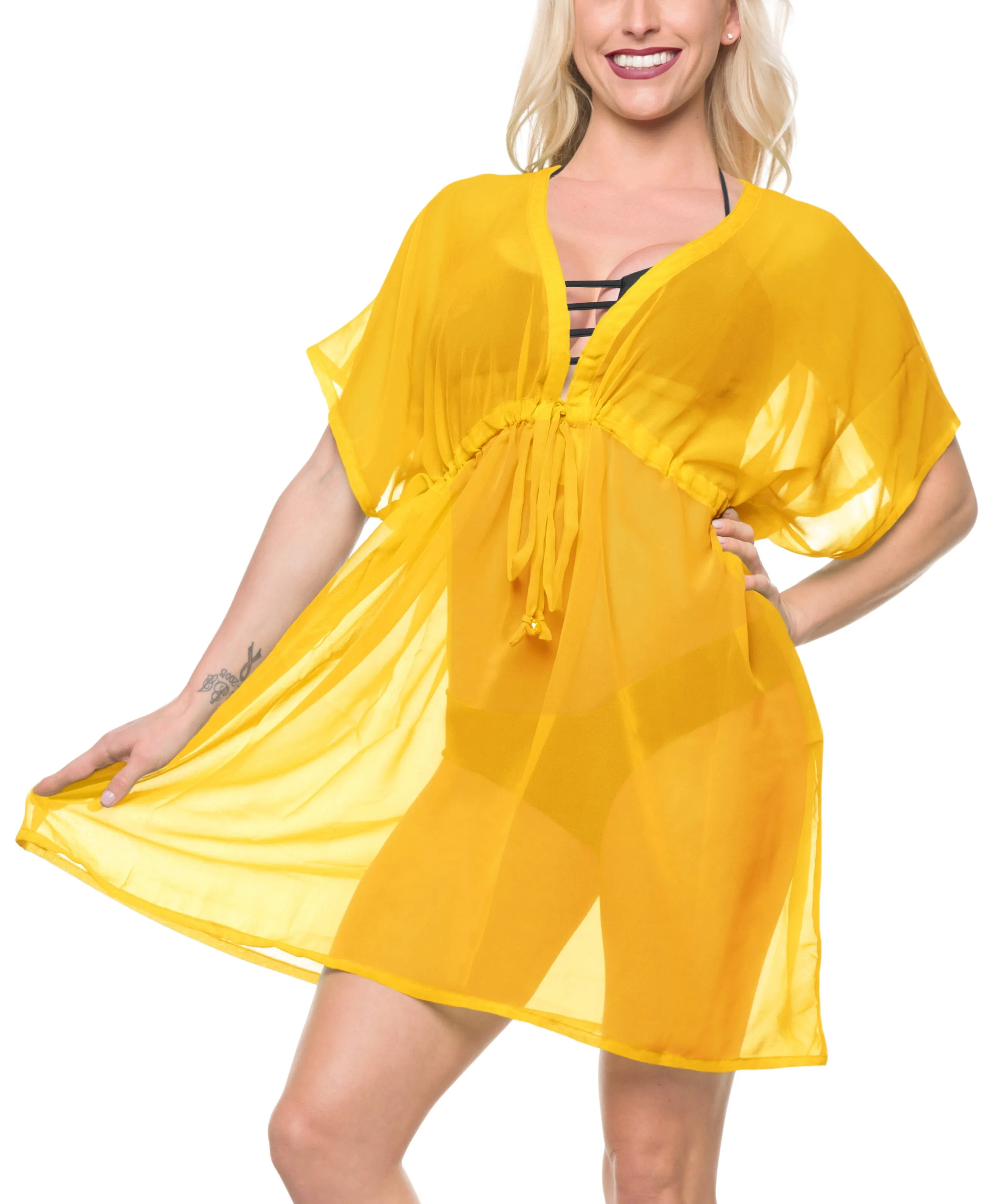 LA LEELA Bikni Swimwear Chiffon Solid Cover Up Blouse Women OSFM 14-24 [L-3X] Yellow_856
