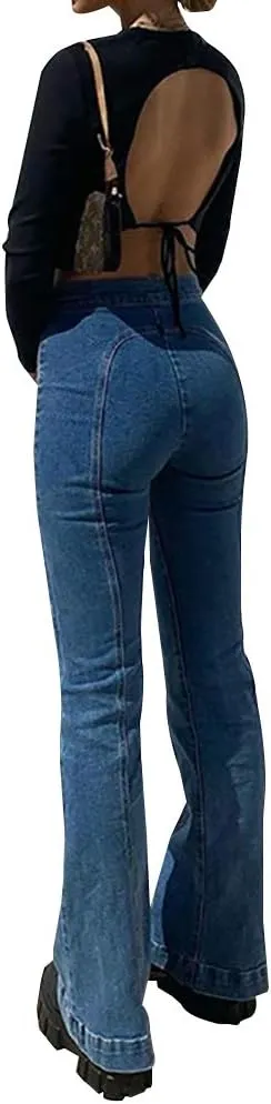 LONGBIDA Women's Bell Bottom High Waisted Pull On Skinny Straight Fit Flare Denim Jeans