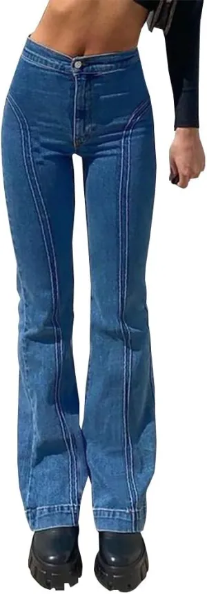 LONGBIDA Women's Bell Bottom High Waisted Pull On Skinny Straight Fit Flare Denim Jeans