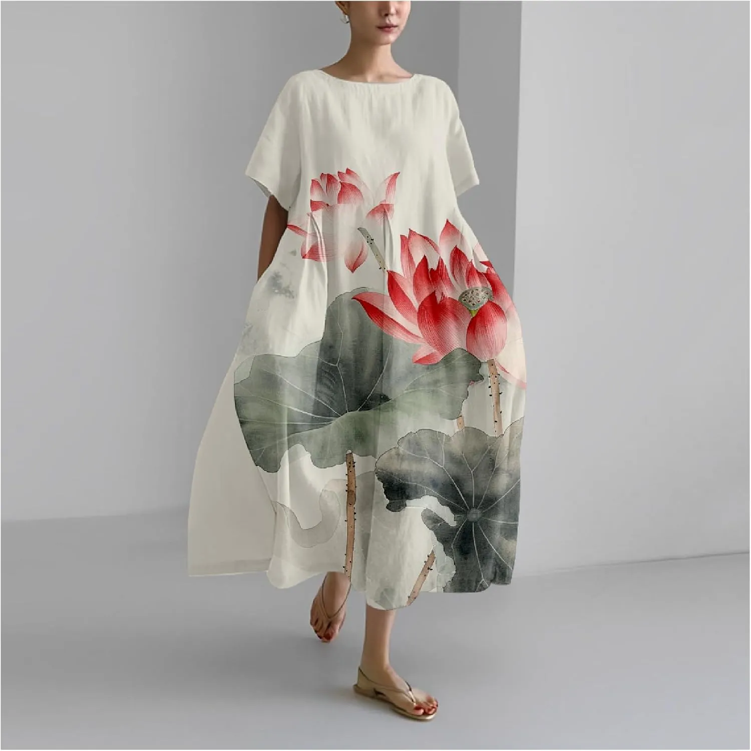 MARSVOVO Summer Casual Dresses Boho Floral Print Short Sleeve Loose Crew Neck Plus Size Party Dresses for Curvy Women