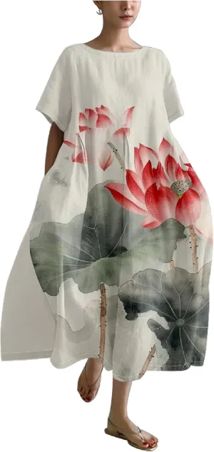 MARSVOVO Summer Casual Dresses Boho Floral Print Short Sleeve Loose Crew Neck Plus Size Party Dresses for Curvy Women