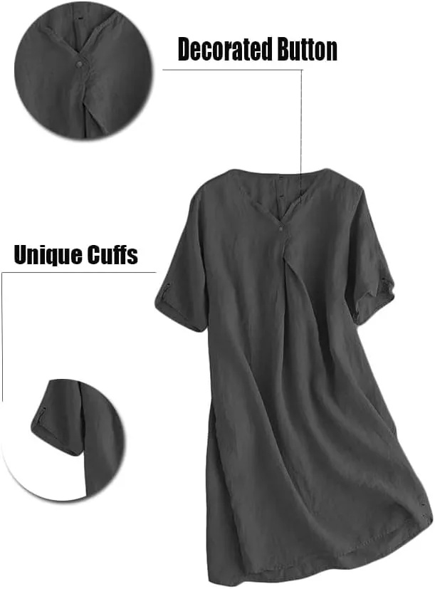 Minibee Women's Summer T Shirt Dress V Neck Linen Casual Tunic Short Sleeve Boho Flowy Sun Dresses