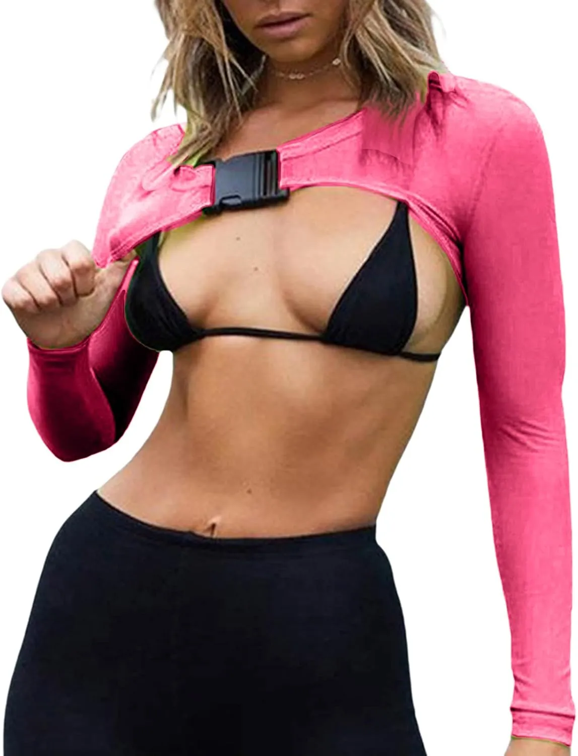 Rave Tops for Women Sheer Mesh Long Sleeve Crop Top See Through Cover Ups with Buckle