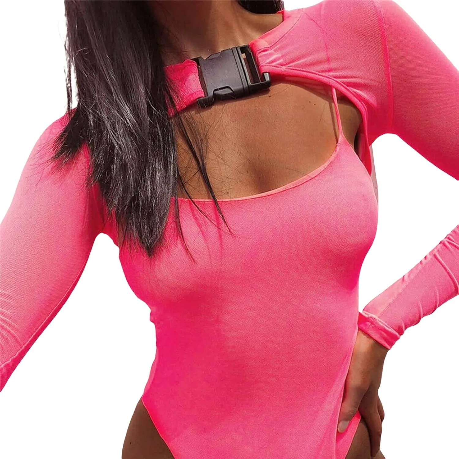 Rave Tops for Women Sheer Mesh Long Sleeve Crop Top See Through Cover Ups with Buckle