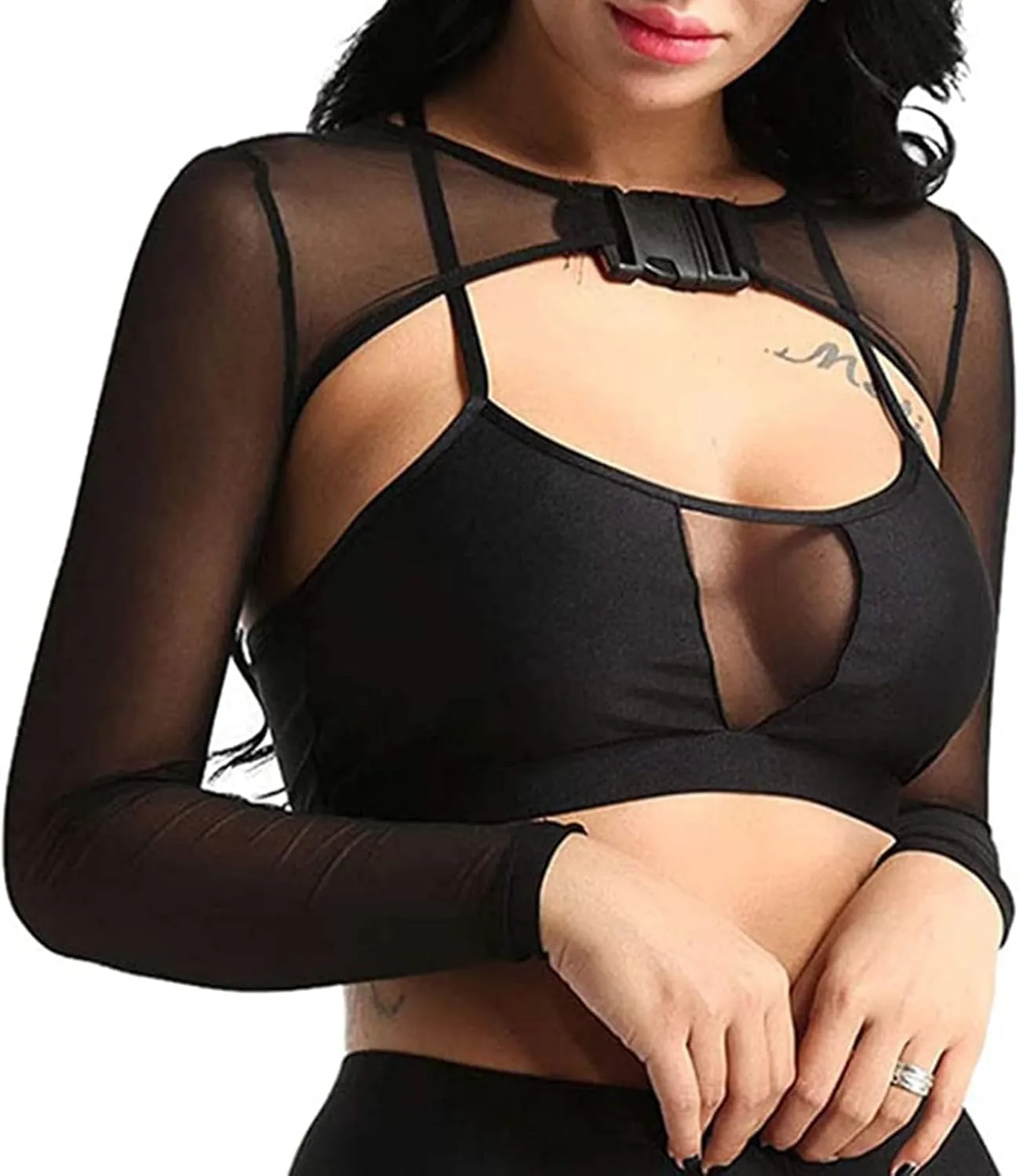 Rave Tops for Women Sheer Mesh Long Sleeve Crop Top See Through Cover Ups with Buckle