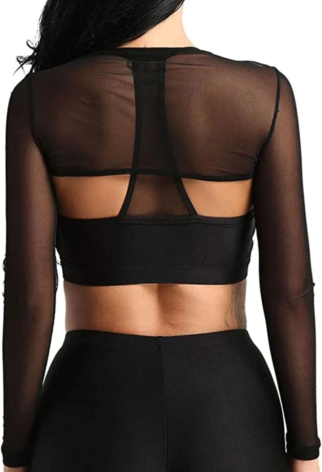 Rave Tops for Women Sheer Mesh Long Sleeve Crop Top See Through Cover Ups with Buckle