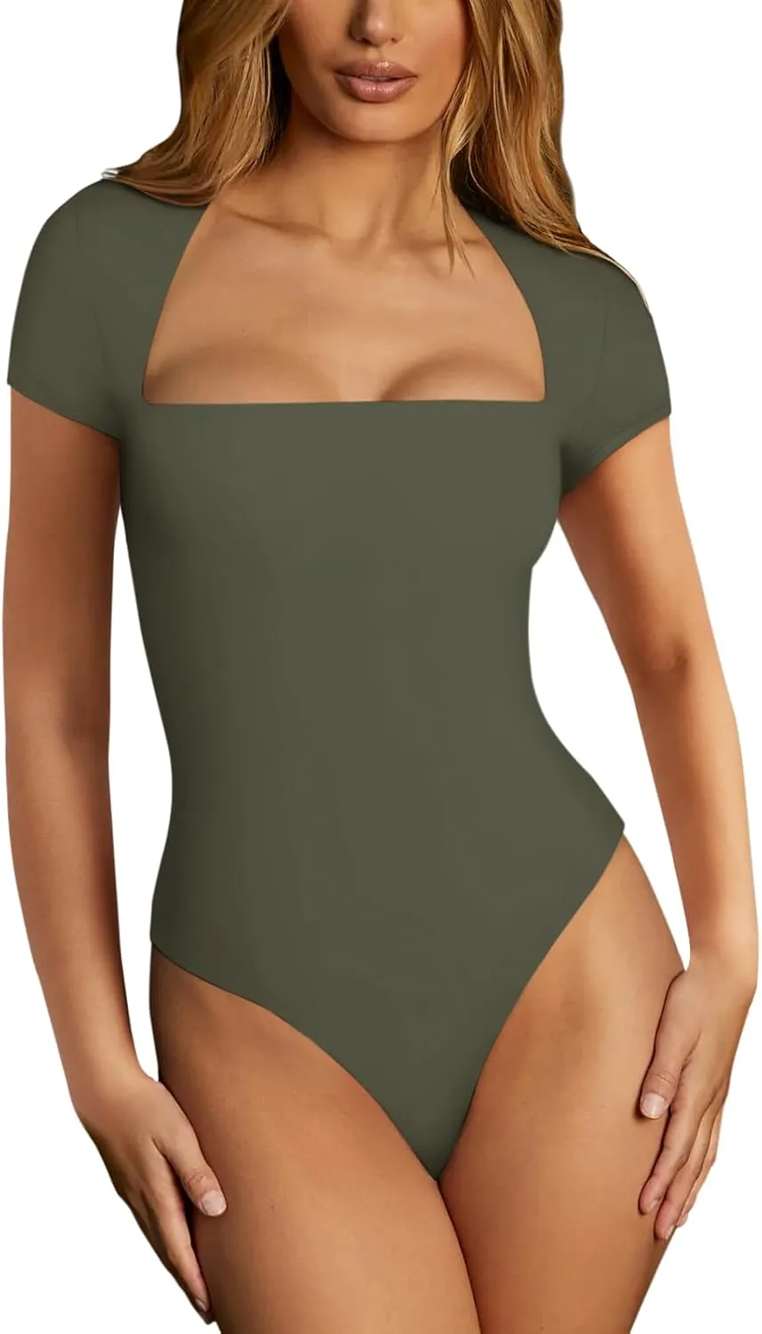 REORIA Womens Sexy Square Neck Double Lined Shirt Stretchy Basic Short Sleeve Going Out Thong Bodysuit Tops