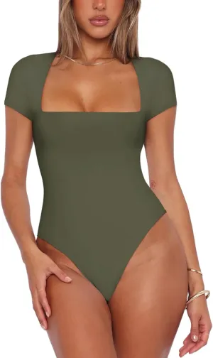 REORIA Womens Sexy Square Neck Double Lined Shirt Stretchy Basic Short Sleeve Going Out Thong Bodysuit Tops