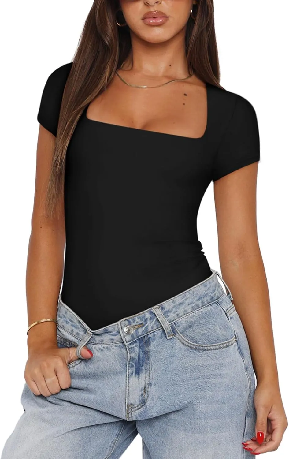 REORIA Womens Sexy Square Neck Double Lined Shirt Stretchy Basic Short Sleeve Going Out Thong Bodysuit Tops
