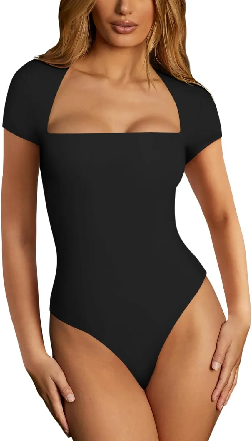 REORIA Womens Sexy Square Neck Double Lined Shirt Stretchy Basic Short Sleeve Going Out Thong Bodysuit Tops