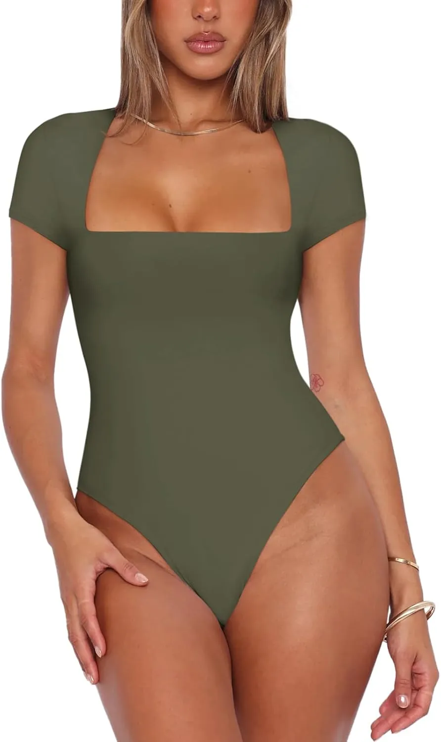 REORIA Womens Sexy Square Neck Double Lined Shirt Stretchy Basic Short Sleeve Going Out Thong Bodysuit Tops