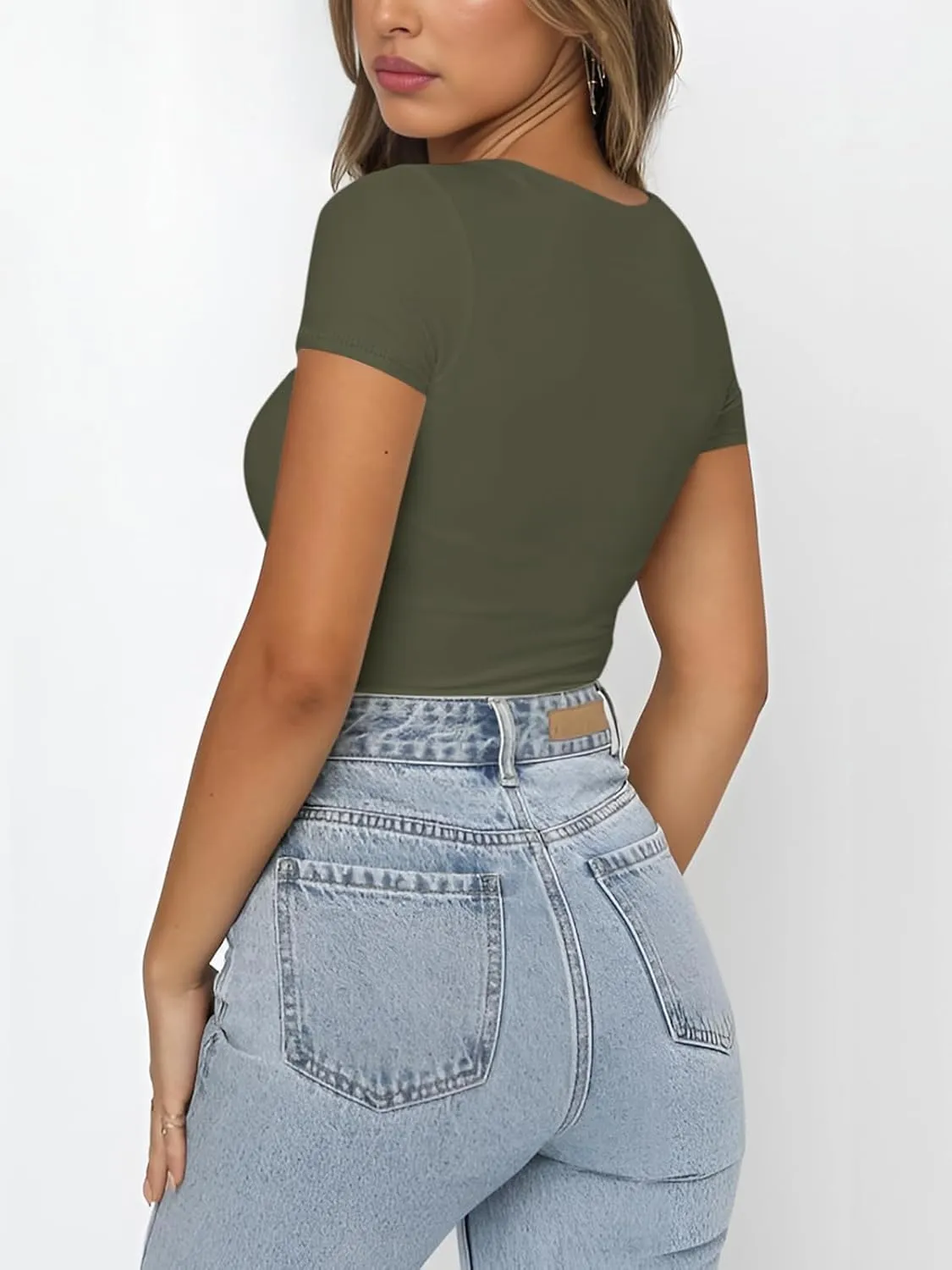 REORIA Womens Sexy Square Neck Double Lined Shirt Stretchy Basic Short Sleeve Going Out Thong Bodysuit Tops