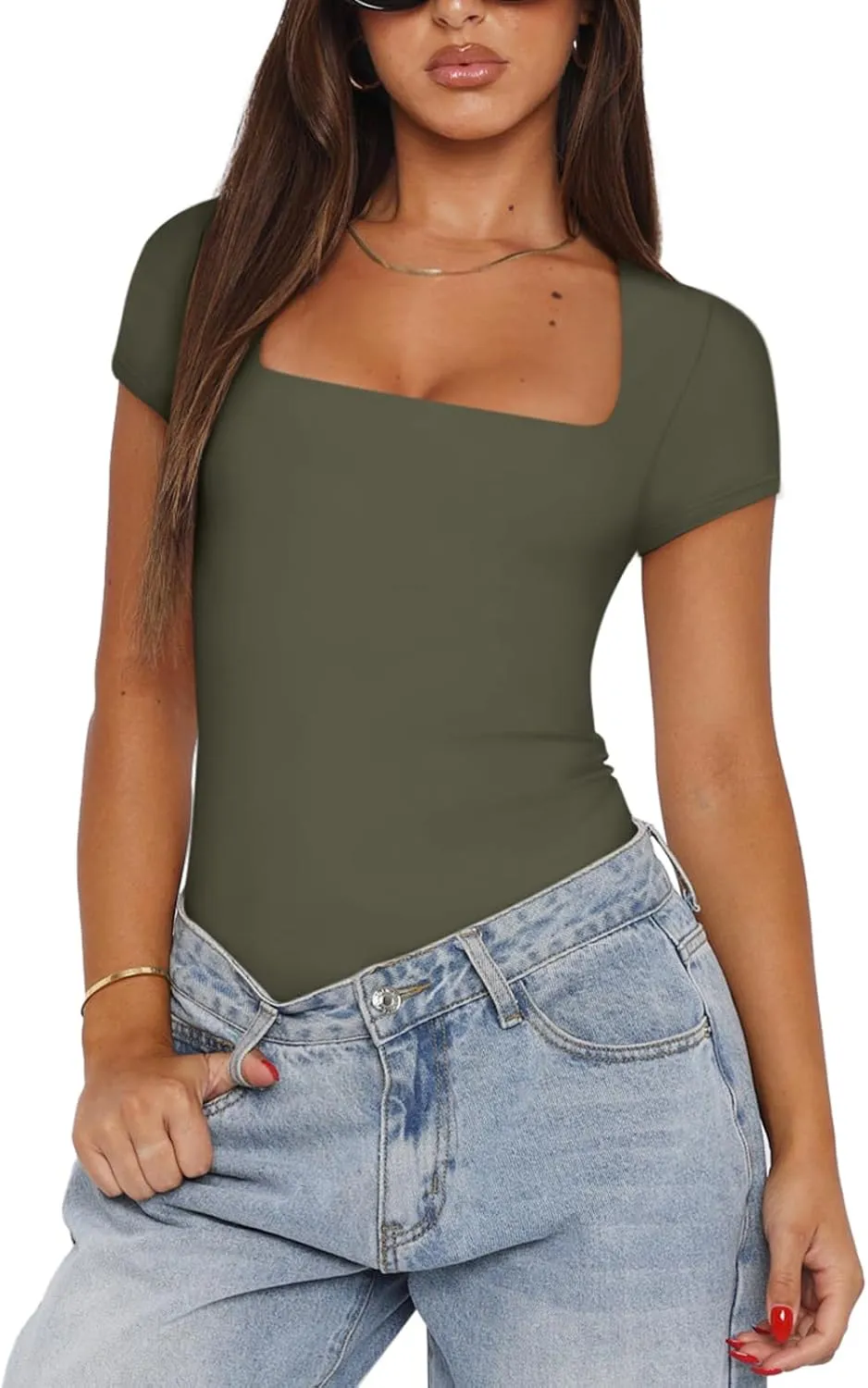 REORIA Womens Sexy Square Neck Double Lined Shirt Stretchy Basic Short Sleeve Going Out Thong Bodysuit Tops