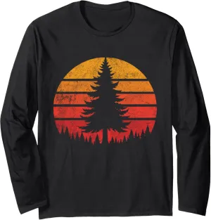 Retro Sun Minimalist Pine Tree Vintage Graphic Long Sleeve T-Shirt