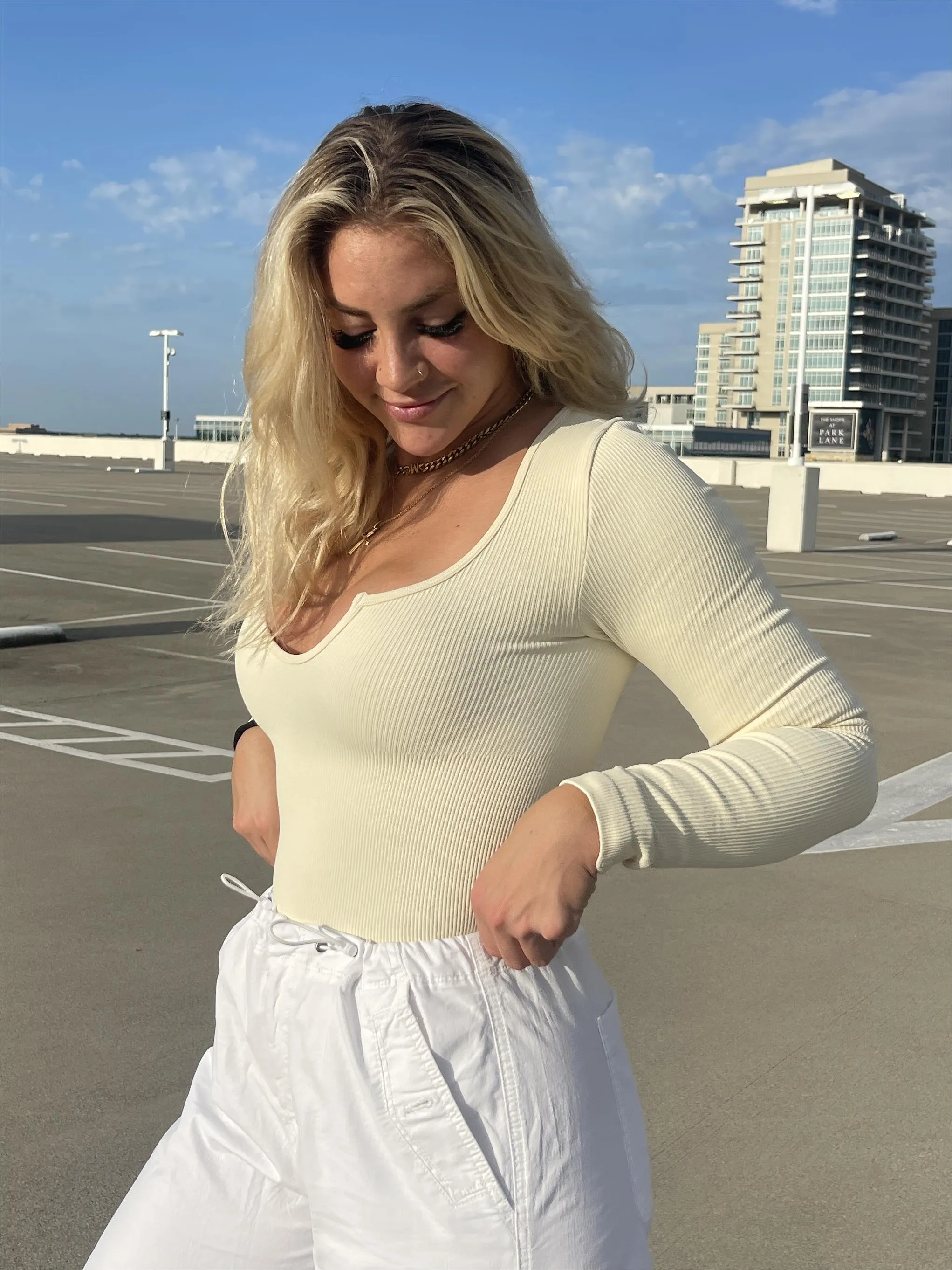 Ribbed Notch Neck Bodysuit - Long Sleeve