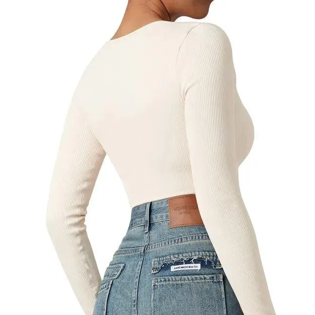 Ribbed Notch Neck Bodysuit - Long Sleeve