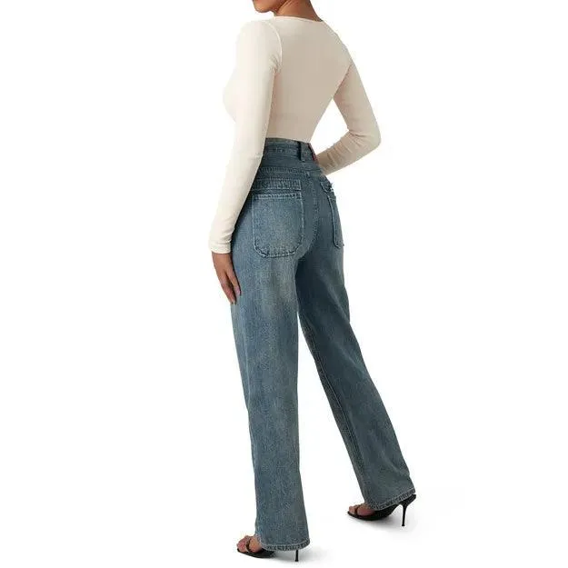 Ribbed Notch Neck Bodysuit - Long Sleeve