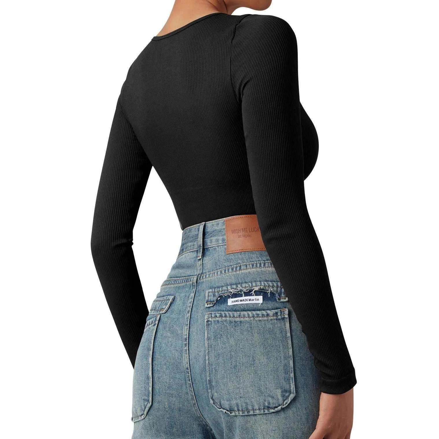 Ribbed Notch Neck Bodysuit - Long Sleeve