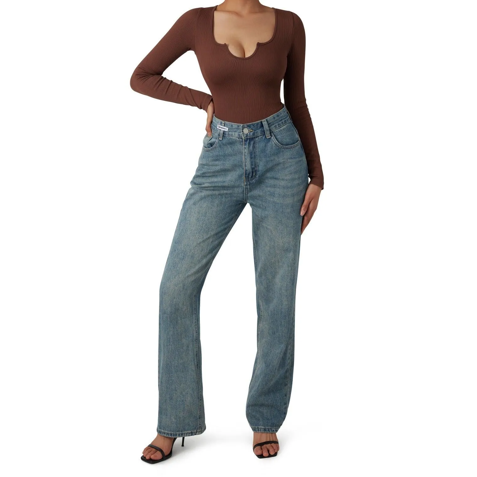 Ribbed Notch Neck Bodysuit - Long Sleeve
