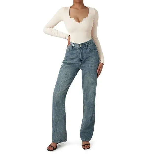 Ribbed Notch Neck Bodysuit - Long Sleeve