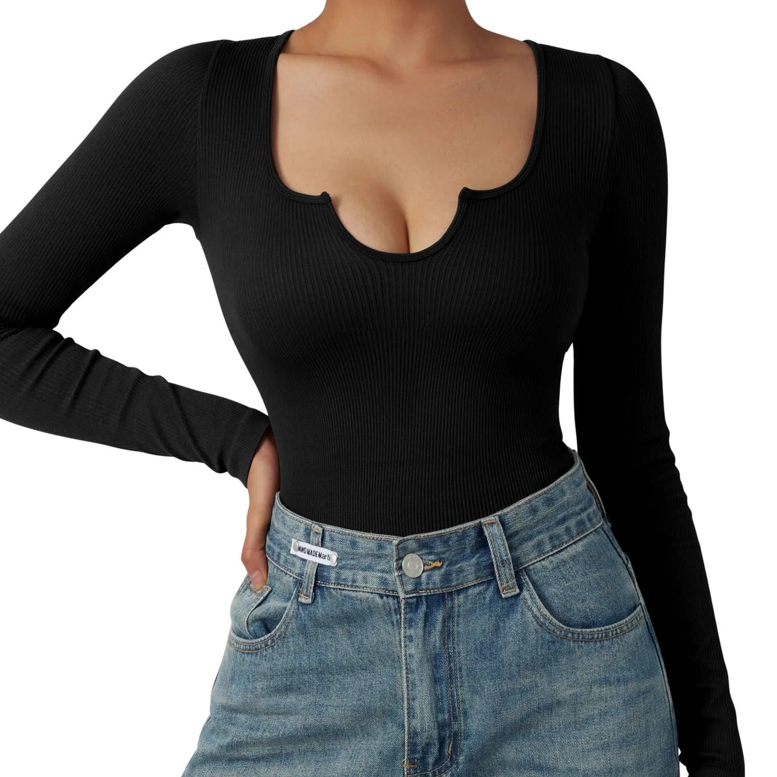 Ribbed Notch Neck Bodysuit - Long Sleeve