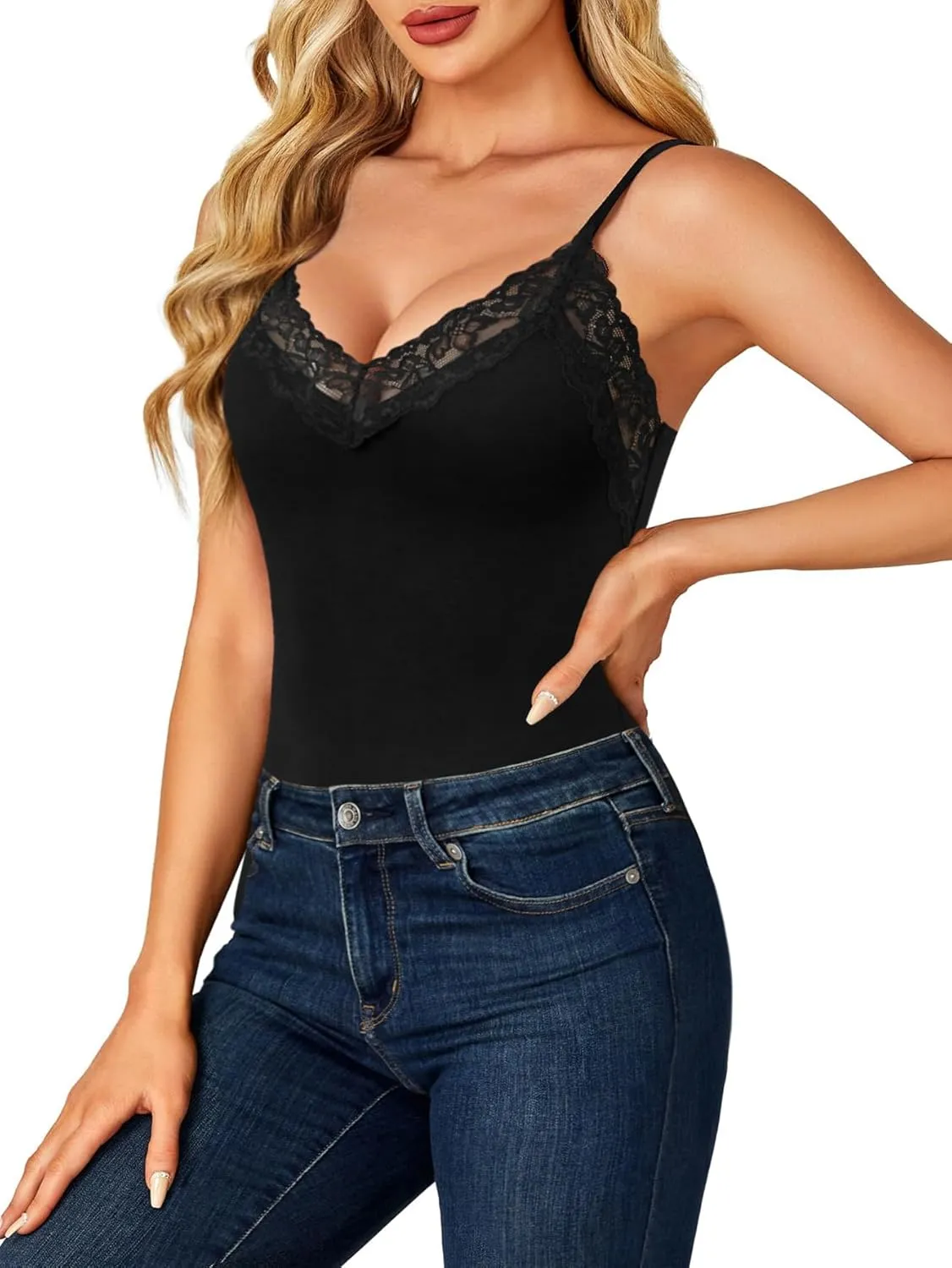 Rooscier Women's Lace V Neck Camisole Adjustable Strap Cami Sleeveless Tank Leotard Bodysuit Top
