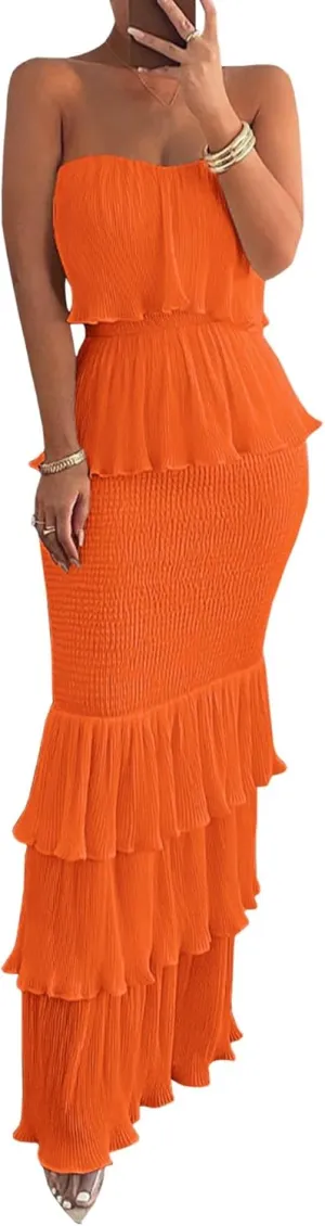 SEMATOMALA Women's Boho Tube Top Tiered Ruffle Slim Fitted Maxi Dress Smocked Vacation Holiday Long Dress