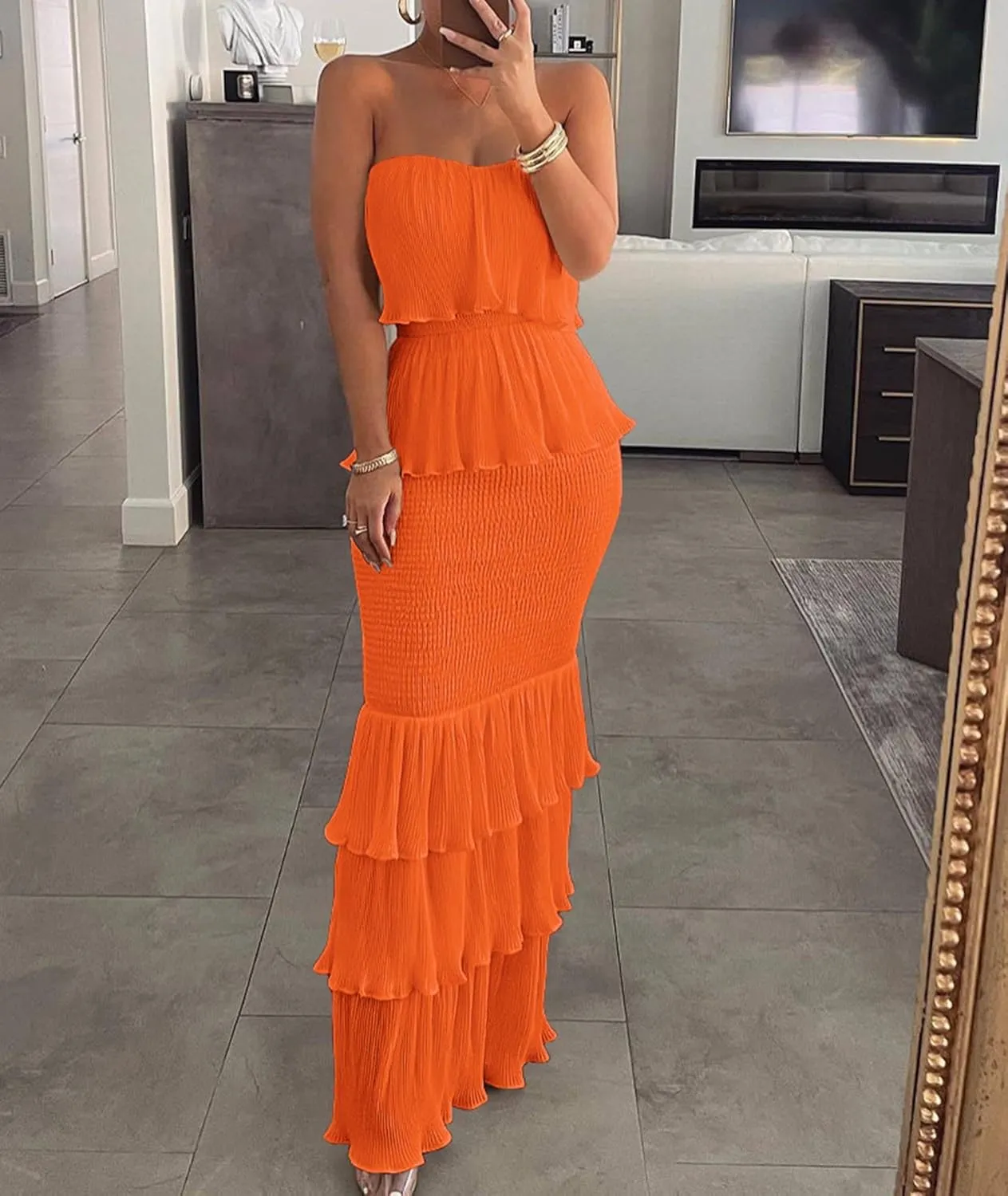 SEMATOMALA Women's Boho Tube Top Tiered Ruffle Slim Fitted Maxi Dress Smocked Vacation Holiday Long Dress