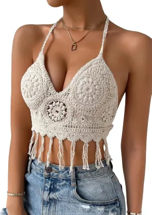 SHENHE Women's Crochet Push Up Bikini Tops Sleeveless Tassel Trim Halter Cami Tank Crop Tops