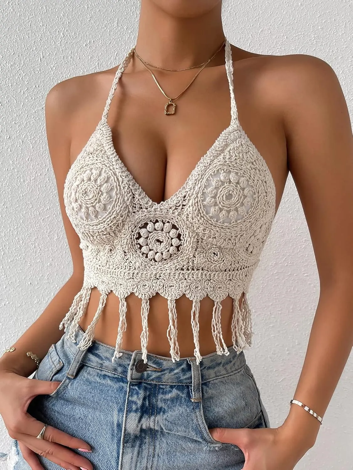 SHENHE Women's Crochet Push Up Bikini Tops Sleeveless Tassel Trim Halter Cami Tank Crop Tops