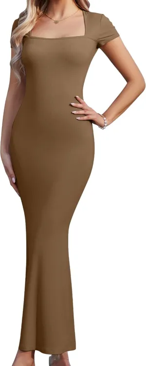 Summer Dresses for Women 2025 Elegant Square Neck Long Ribbed Bodycon Maxi Formal Dresses for Wedding Guest Maternity Dress