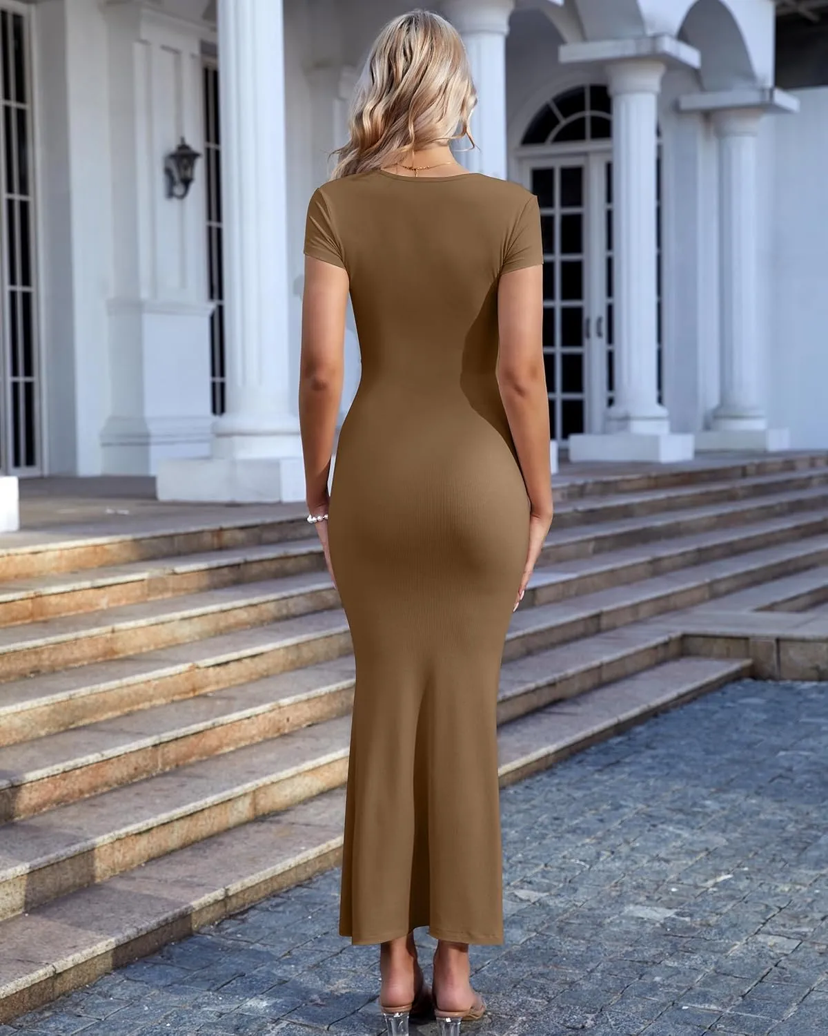 Summer Dresses for Women 2025 Elegant Square Neck Long Ribbed Bodycon Maxi Formal Dresses for Wedding Guest Maternity Dress