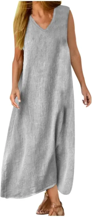 Summer Linen Dresses for Womens Sleeveless Sundress Casual Cotton Linen Tank Maxi Dress 2025