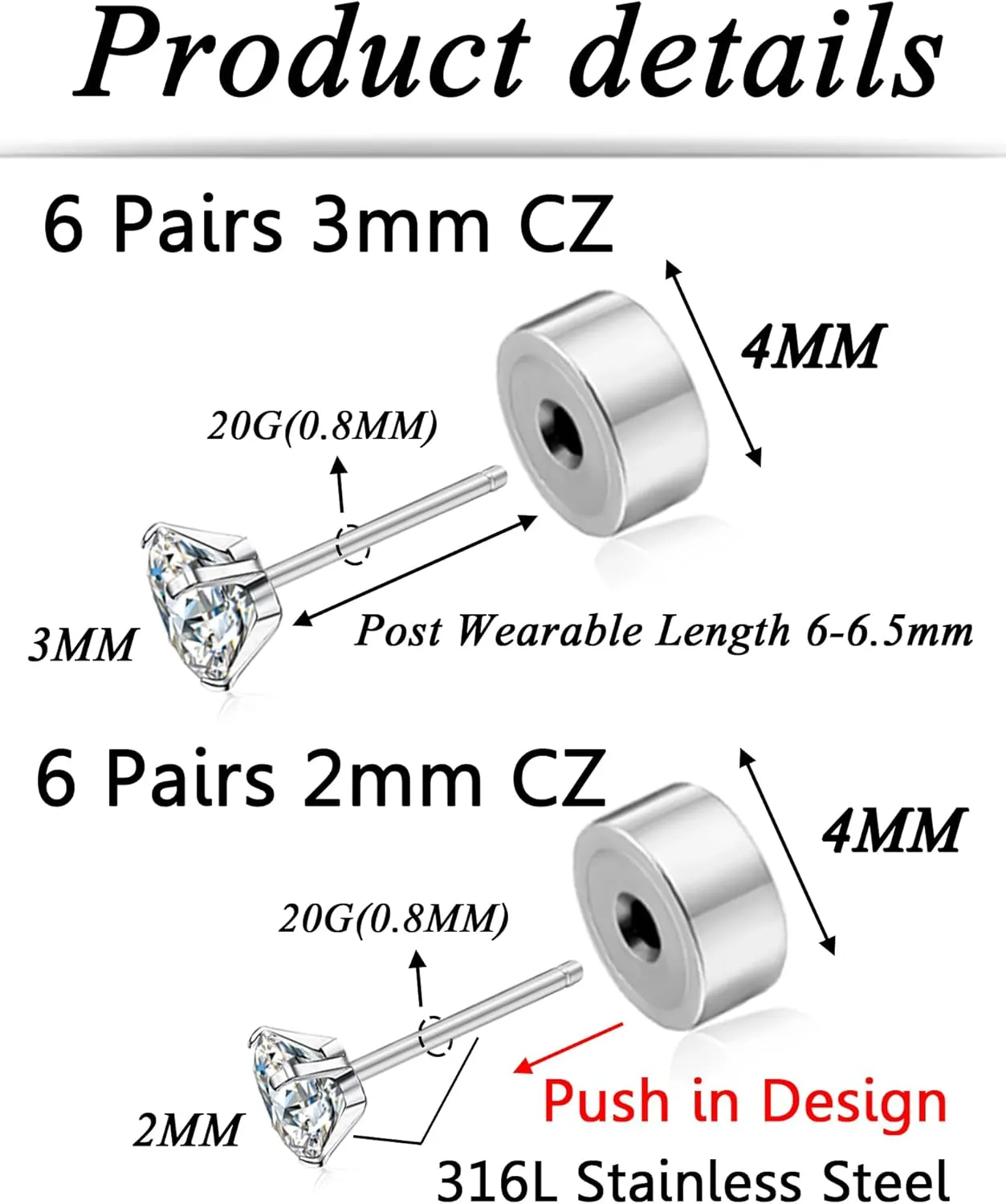 Tornito 12 Pairs Tiny Threadless Flat Back Stud Earrings Stainless Steel Round Cubic Zirconia Stud Earrings Set Cartilage Earring Tragus Helix Piercing Jewelry For Men Women 2MM-3MM 20G