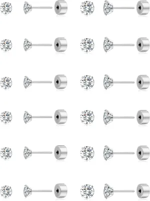 Tornito 12 Pairs Tiny Threadless Flat Back Stud Earrings Stainless Steel Round Cubic Zirconia Stud Earrings Set Cartilage Earring Tragus Helix Piercing Jewelry For Men Women 2MM-3MM 20G