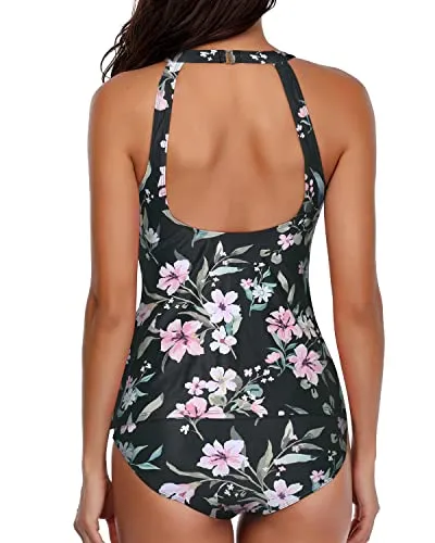 Tummy Control Tankini Bathing Suits For Women-Black Flowers