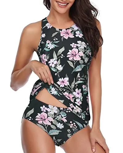 Tummy Control Tankini Bathing Suits For Women-Black Flowers