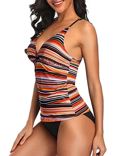 Tummy Control Two Piece Tankini Set Swimsuits for Women V Neck Bathing Suits