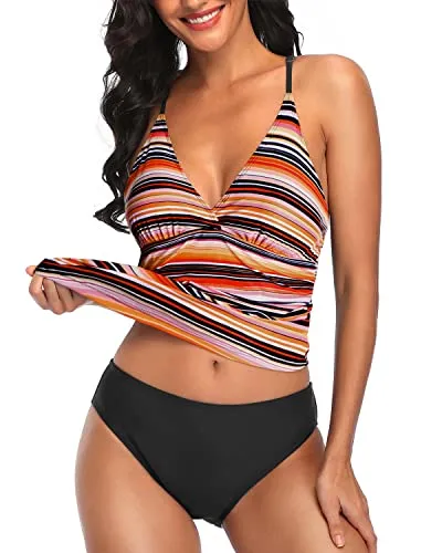 Tummy Control Two Piece Tankini Set Swimsuits for Women V Neck Bathing Suits