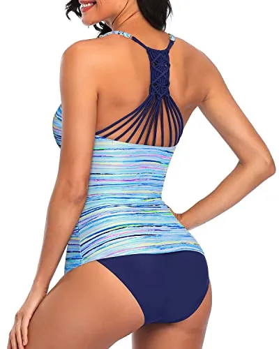 Two Piece Adjustable Shoulder Straps Tankini Swimsuits For Women-Blue Striped