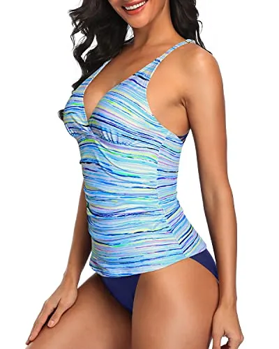 Two Piece Adjustable Shoulder Straps Tankini Swimsuits For Women-Blue Striped