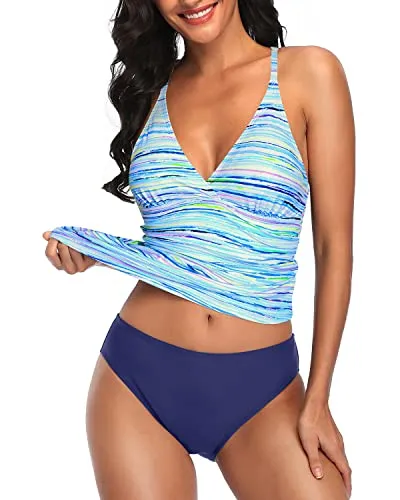 Two Piece Adjustable Shoulder Straps Tankini Swimsuits For Women-Blue Striped