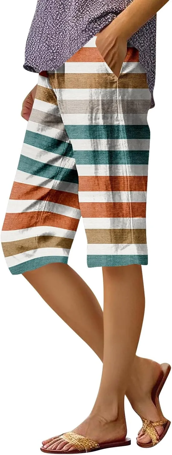 UOFOCO Womens Casual Shorts Floral Print Elastic Waist Summer Loose Trendy Going Out Five-Pointed Pants