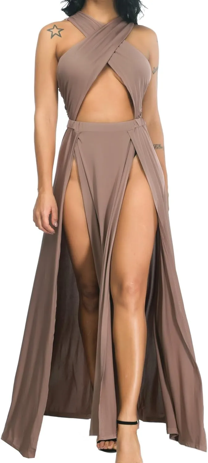 Velius Women Sexy Hollow Out Halter Wrap Sleeveless Plain Pleated Slit Casual Long Maxi Dress