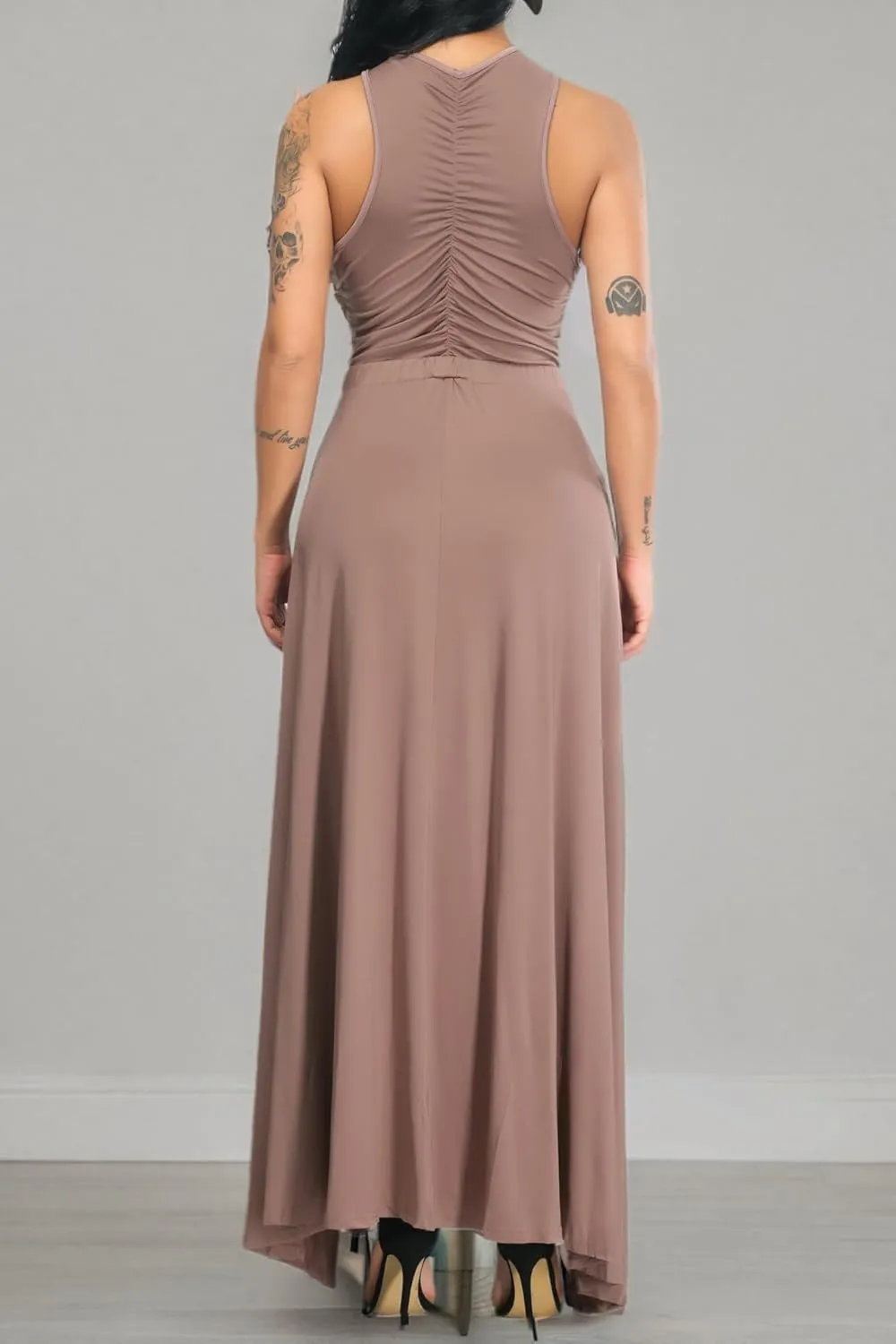Velius Women Sexy Hollow Out Halter Wrap Sleeveless Plain Pleated Slit Casual Long Maxi Dress